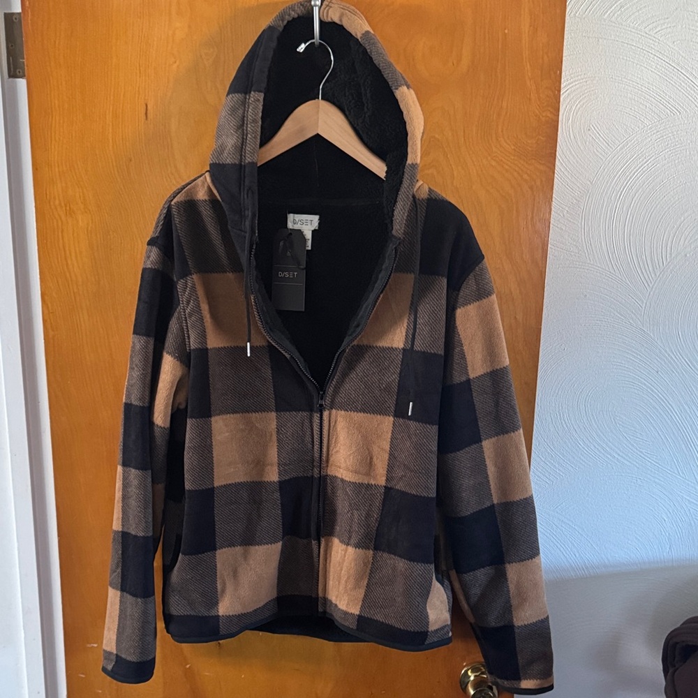 Brown Plaid Hoodie Mens Medium Fleece Sherpa D/SET
